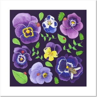 Pansies Ladybugs Bumblebees and Leaves Purple Posters and Art